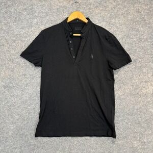 All Saints Grail Polo Shirt Mens Medium Button Slim Lightweight Collarless Black